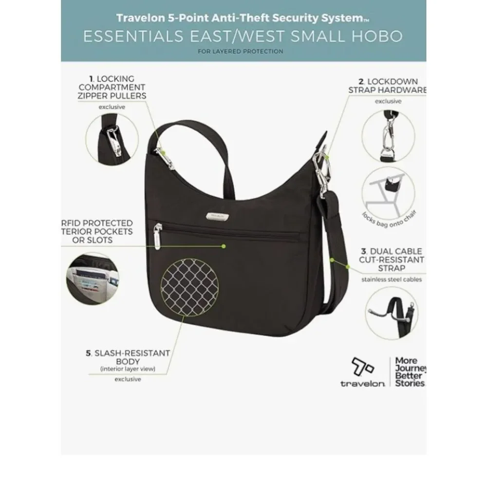 Travelon Anti-Theft Essentials East/West Small Hobo Bag, Black, NWT